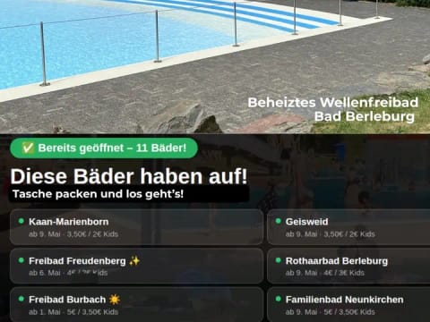 Hi! Ich habe für euch einige Infos zu Freibädern in der Region gesammelt ☀️🏊♂️ - Instagram Bild 2
