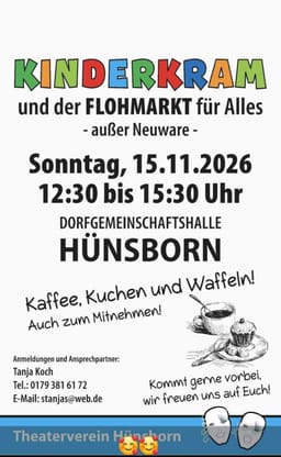 Kinderkram und der FLOHMARKT für Alles – außer Neuware – in Dorfgemeinschaftshalle Hünsborn