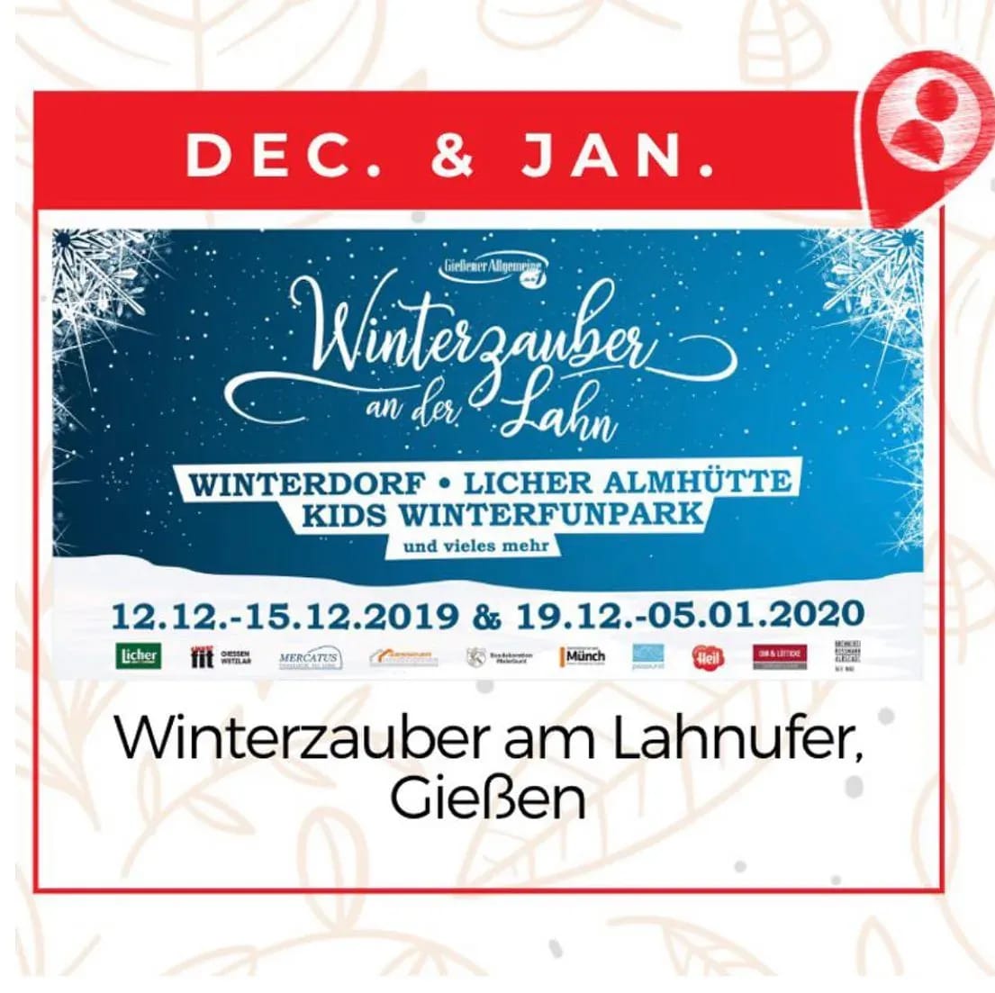 12.12.-15.12.2019 & 19.12.-05.01.2020 ❄️𝗪𝗶𝗻𝘁𝗲𝗿𝘇𝗮𝘂𝗯𝗲𝗿 𝗮𝗻 𝗱𝗲𝗿 𝗟𝗮𝗵𝗻 in Giessen! ❄️ Winterdorf mit 20 weihnachtlichen Holzhütten. - Instagram Bild 1