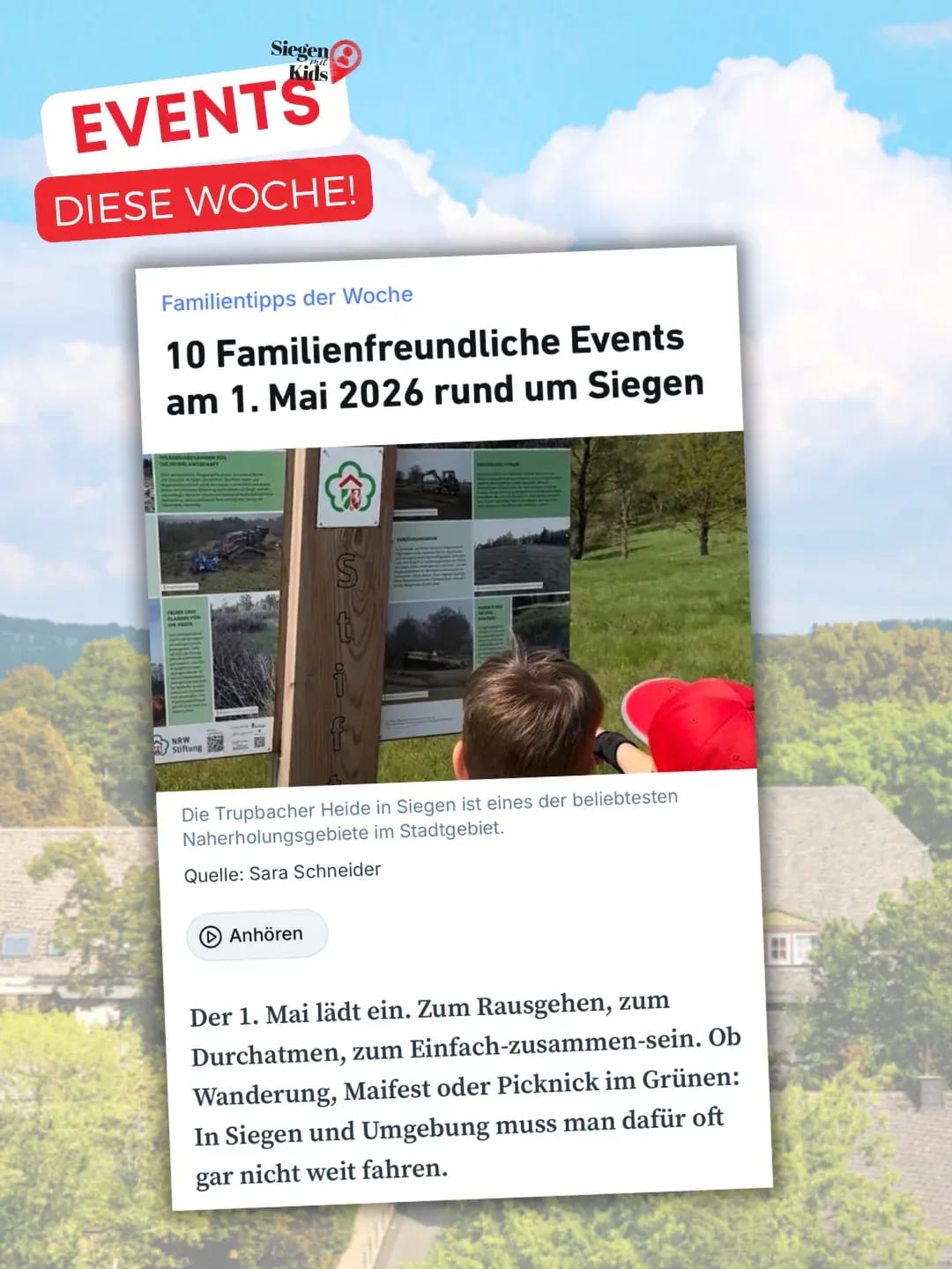 ☀️Sonne, frische Luft und keine Schule: Der 1. Mai ist für viele Familien der perfekte Grund, gemeinsam rauszukommen. Und in und um Siegen ist der nächste schöne Fleck Natur meist ums Eck! Grab the kids and let’s go! 🙌🏽 - Instagram Bild 1