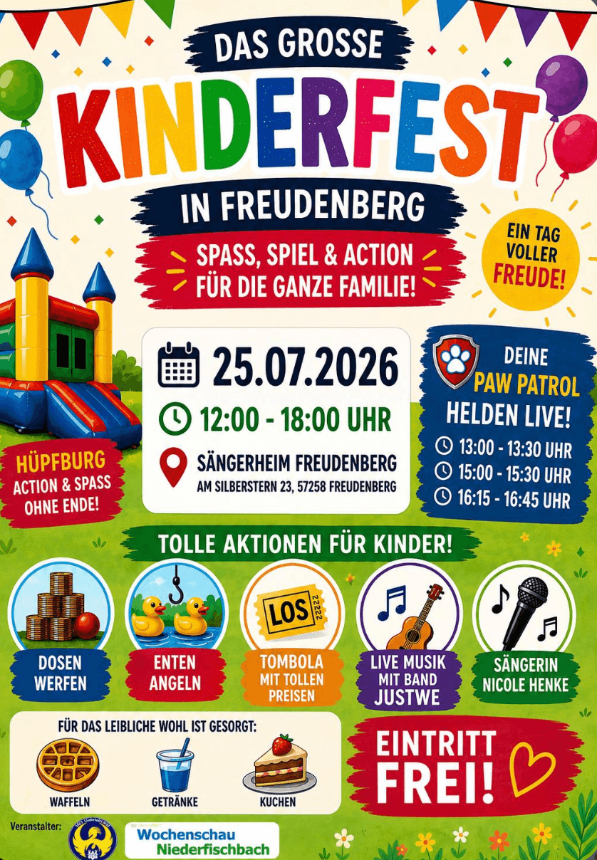 Am 25. Juli 2026 steigt am Sängerheim Freudenberg das große Kinderfest für die ganze Familie! Freu dich auf einen Tag voller Action, Musik und guter Laune. Das erwartet euch: 🐾 Paw Patrol Live: Triff deine Helden um 13:00, 15:00 & 16:15 Uhr.