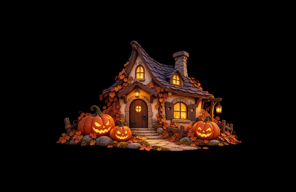 Illustriertes Halloween-Häuschen mit Kürbissen und warm leuchtenden Fenstern