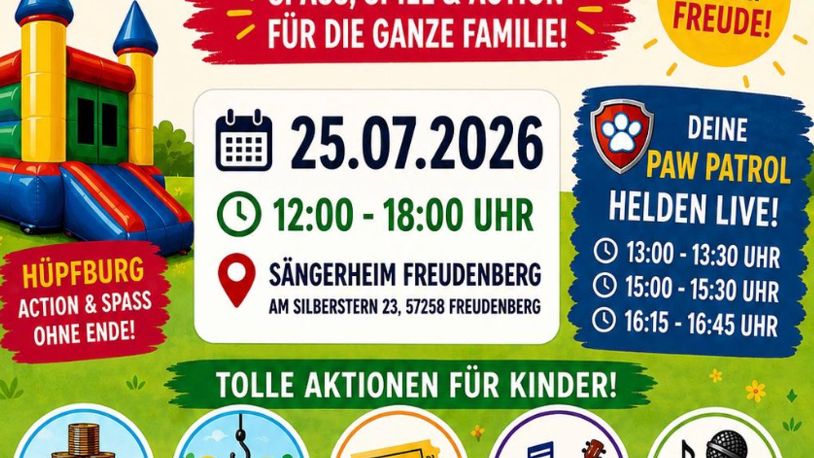 Am 25. Juli 2026 steigt am Sängerheim Freudenberg das große Kinderfest für die ganze Familie! Freu dich auf einen Tag voller Action, Musik und guter Laune. Das erwartet euch: 🐾 Paw Patrol Live: Triff deine Helden um 13:00, 15:00 & 16:15 Uhr.