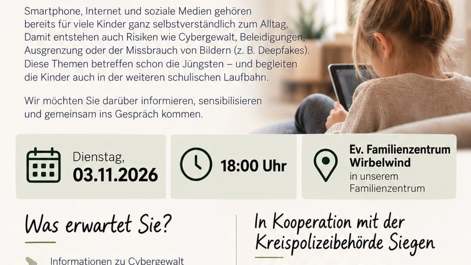 Elternabend Cybergewalt in Ev. Familienzentrum Wirbelwind