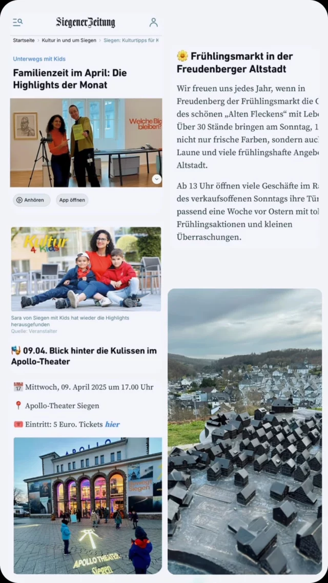 💥 Schaut mal! Unsere Familien-Tipps für den April in der @SiegenerZeitung! 📰🌷

Ich halte den Artikel den ganzen Monat über frisch – mit neuen Highlights, Aktionen und Familienmomenten, die ich einfach toll finde.

📲 Hier geht’s zum Artikel: [Link in Bio]
https://www.siegener-zeitung.de/kultur/regional/siegen-kulturtipps-fuer-kids-im-april-WTKO3FTRDJFMZDPG3345MJULV4.html

Mehr zu Osterwegen, Osterfeuern und besonderen Events folgen nach & nach! 
🐣🔥🎨

❤️ Bitte liken, klicken und kommentieren, damit wir noch mehr Tipps bekommen. Ich wünsche mir, dass jeder von uns schnell und unkompliziert etwas findet und tolle Familienmomente erlebt!

Schreibt’s mir gern in die Kommentare – ich freu mich auf eure Ideen! 💥

@mgksiegen @madameartsyfartsy @fwirkt @dlrgbadberleburg @mosch.nrw @stadtbibliotheksiegen @stadtsiegen @visit_siegen @apollotheatersiegen @adfc_siegen.wittgenstein @anstosszumleben #siegen #stadtsiegen