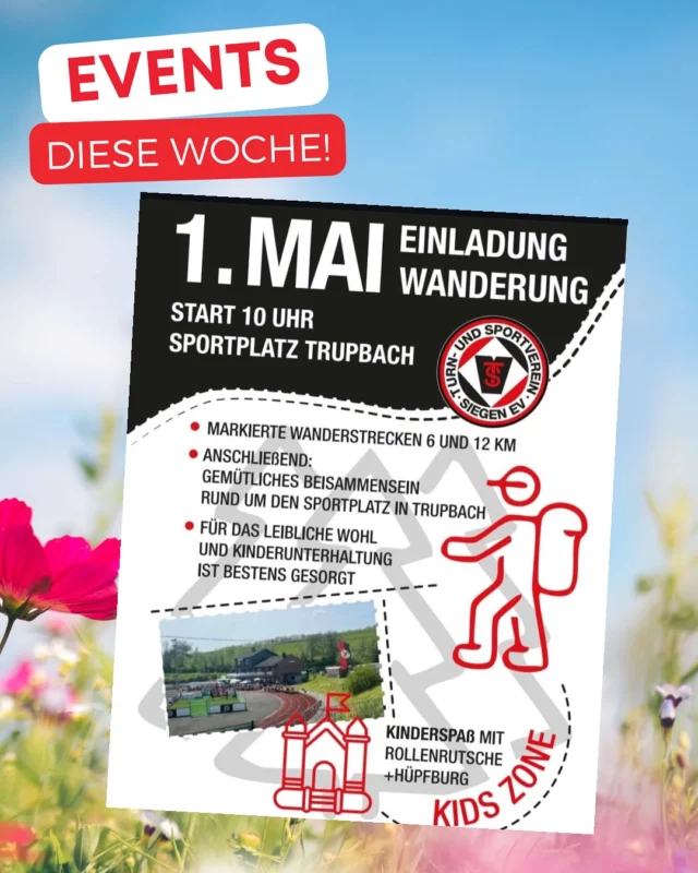 🌸 Hier lasse ich euch ein paar Highlights für diese Woche da! 🌸
Am 1. Mai ist viel los – fast jeder Ortsteil feiert. 🎉

📌 Habt ihr noch Tipps oder einen Favoriten, den wir nicht verpassen dürfen?
Dann schreibt’s gerne in die Kommentare oder schickt uns euren Flyer! 📩

Maifeste:
✨ Siegen-Trupbach: Wanderung 1.5. ab 10 Uhr (6 km & 12 km + Kinderspaß)
✨ Netphen: Maifest 1.5. ab 11 Uhr (mit Kinderbelustigung)
✨ Bad Berleburg: Wisent-Wanderung 1.5. ab 10 Uhr (ca. 10 km durch die Wisent-Wildnis)
✨ Wilgersdorf: Maibaumstellen 26.4. ab 18 Uhr • Gassenfest 1.5. ab 11 Uhr
✨ Wilnsdorf: Tanz in den Mai 30.4. ab 18 Uhr • Maifeier 1.5. ab 12 Uhr
✨ Gernsdorf: Maifest 1.5. ab 10:30 Uhr
✨ Helberhausen: Maibaumstellen 30.4. ab 16 Uhr • Tanz 30.4. ab 18 Uhr • Frühschoppen 1.5. ab 11 Uhr
✨ Oelgershausen: Maifest 1.5. ab 11 Uhr
✨ Littfeld: Maibaumfest 30.4. ab 17 Uhr • Frühschoppen 1.5. ab 11 Uhr
✨ Dreis-Tiefenbach: Maifeier 1.5. 11–18 Uhr
✨ Feuersbach: Maifeier 1.5. 11–18 Uhr
✨ Wiederstein: Maiwanderung 1.5. Start 9 Uhr
✨ Obersdorf: Maifest 1.5. ab 11 Uhr
✨ Buschhütten: Frühlingsfest 1.5. ab 10 Uhr
✨ Neunkirchen: Tanzparty 30.4. ab 11 Uhr • Frühschoppen 1.5. ab 11 Uhr
✨ Bad Berleburg: Maifest 1.5. ab 13 Uhr (Schützenplatz)
✨ Erndtebrück: Maibaum schmücken 1.5. ab 11 Uhr
✨ Mudersbach: Maibaumsetzen 30.4. ab 18 Uhr
✨ Brachbach: Maibaumzug 30.4. ab 18 Uhr
✨ Niederfischbach: Brunnenfest 1.5.

Uvm 😅
